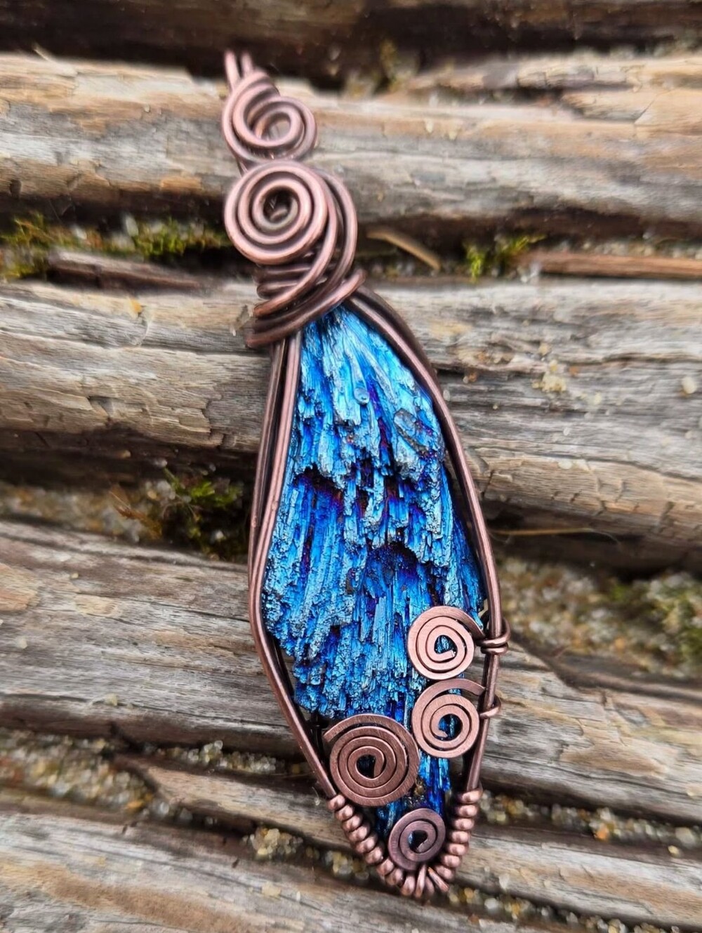 Blue Titanium Aura Kyanite Blace Copper Wire Wrap Pendant Necklace